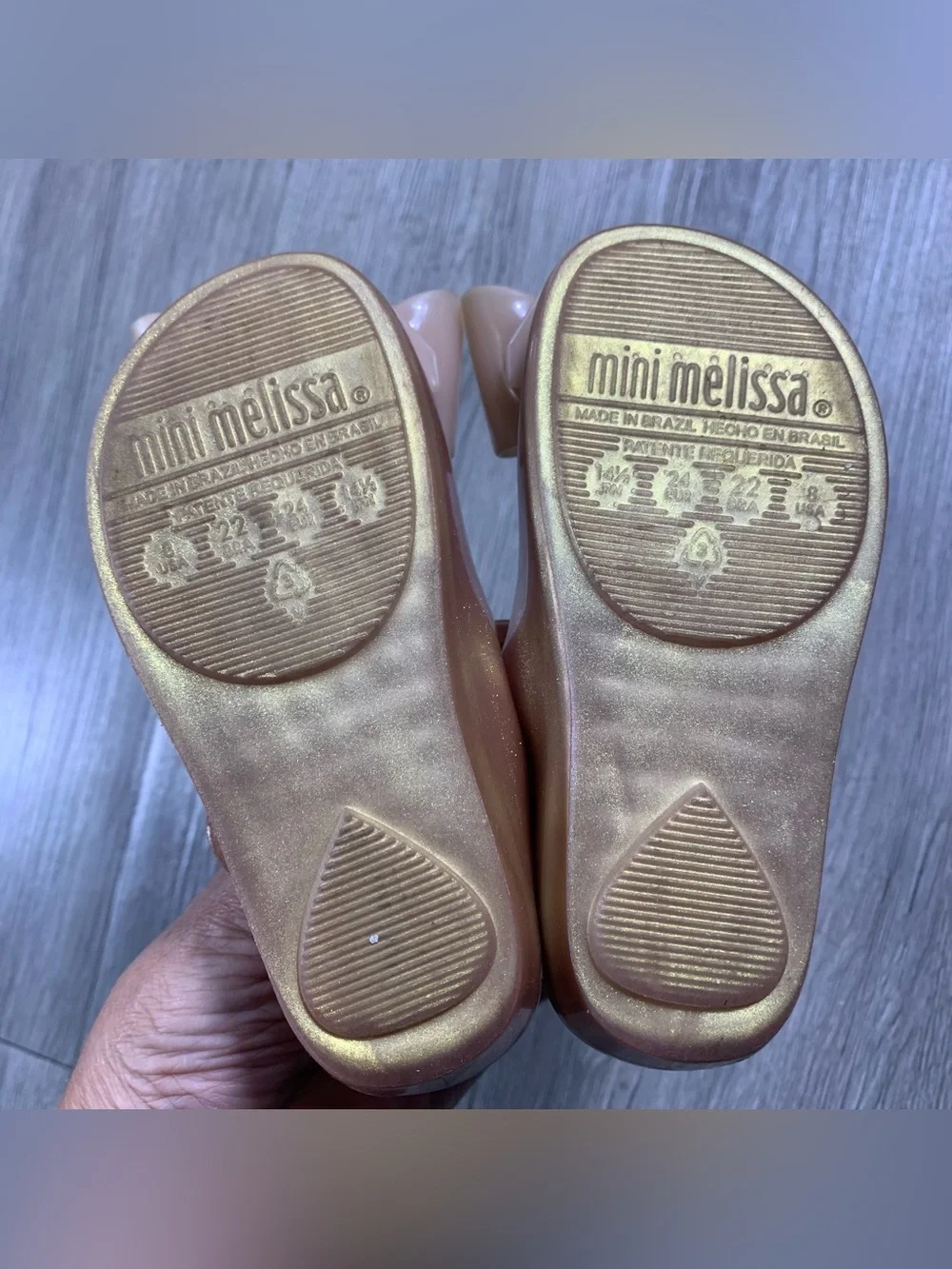 Mini Melissa Ultra Girl Pink Gold Glitter Peep Toe Mary Jane’s size 8